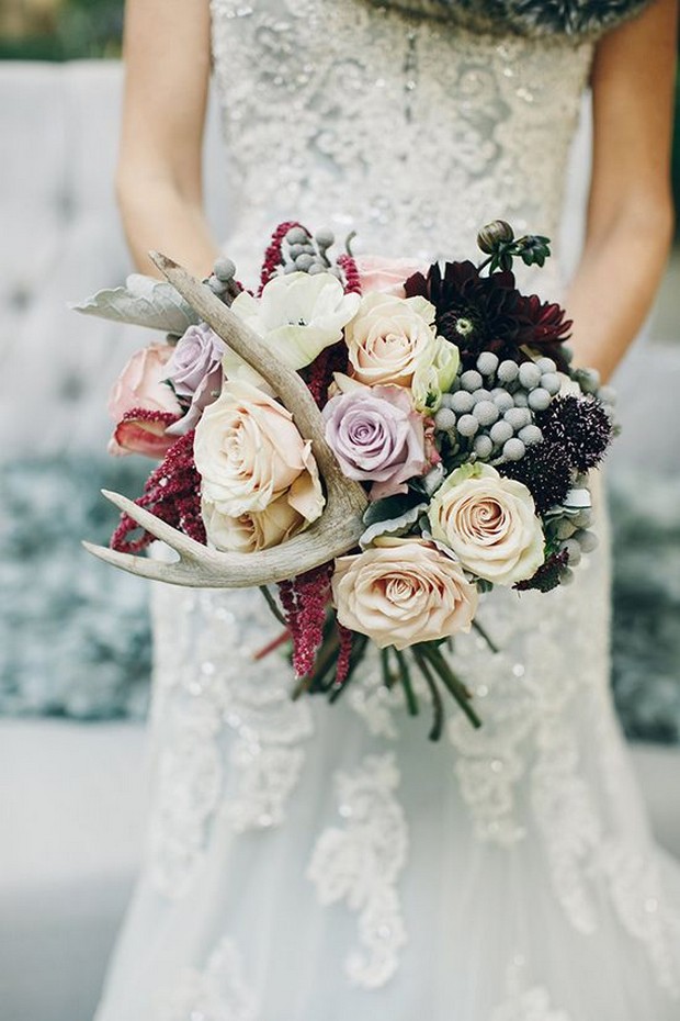 Boho style wedding flowers with antlers 